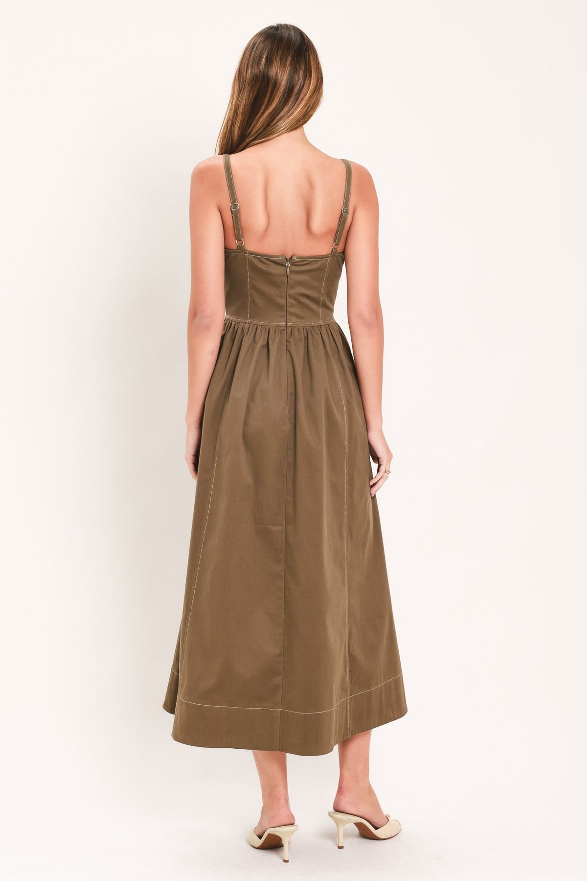 Flying Tomato prairie heart ballad woven midi dress in brown with a flowy, textured fabric and a fitted waist.