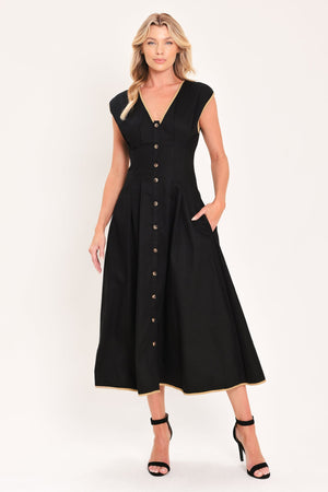 Flying Tomato Nightfall Gold Accent Woven Midi Dress in black taupe with gold details, sleeveless design and midi length.