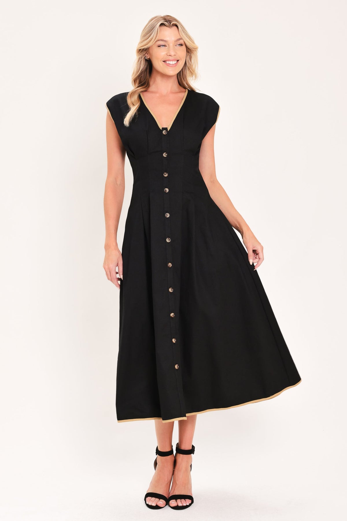 Black and taupe woven midi dress with gold accent details from Flying Tomato's NIGHTFALL collection.