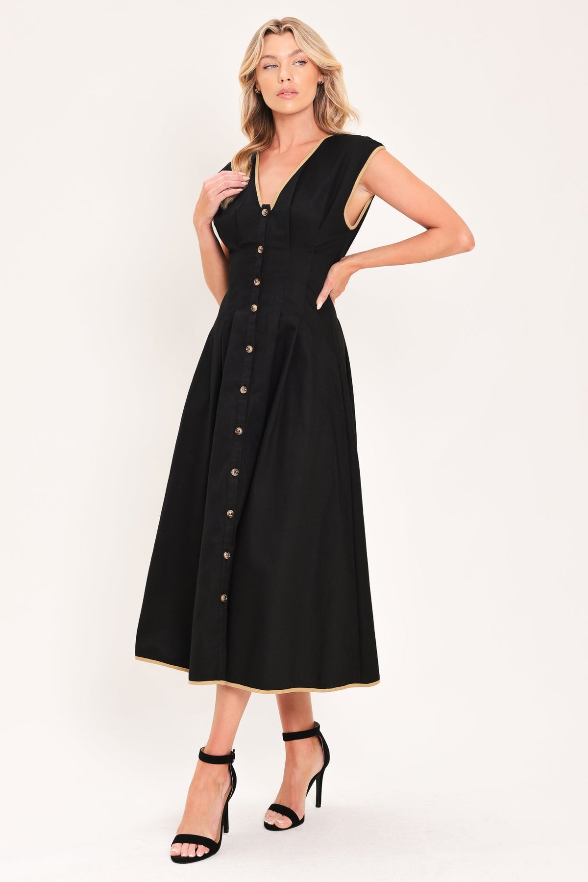 Flying Tomato Nightfall Gold Accent Woven Midi Dress in black and taupe, featuring a stylish, textured woven design and elegant midi length.