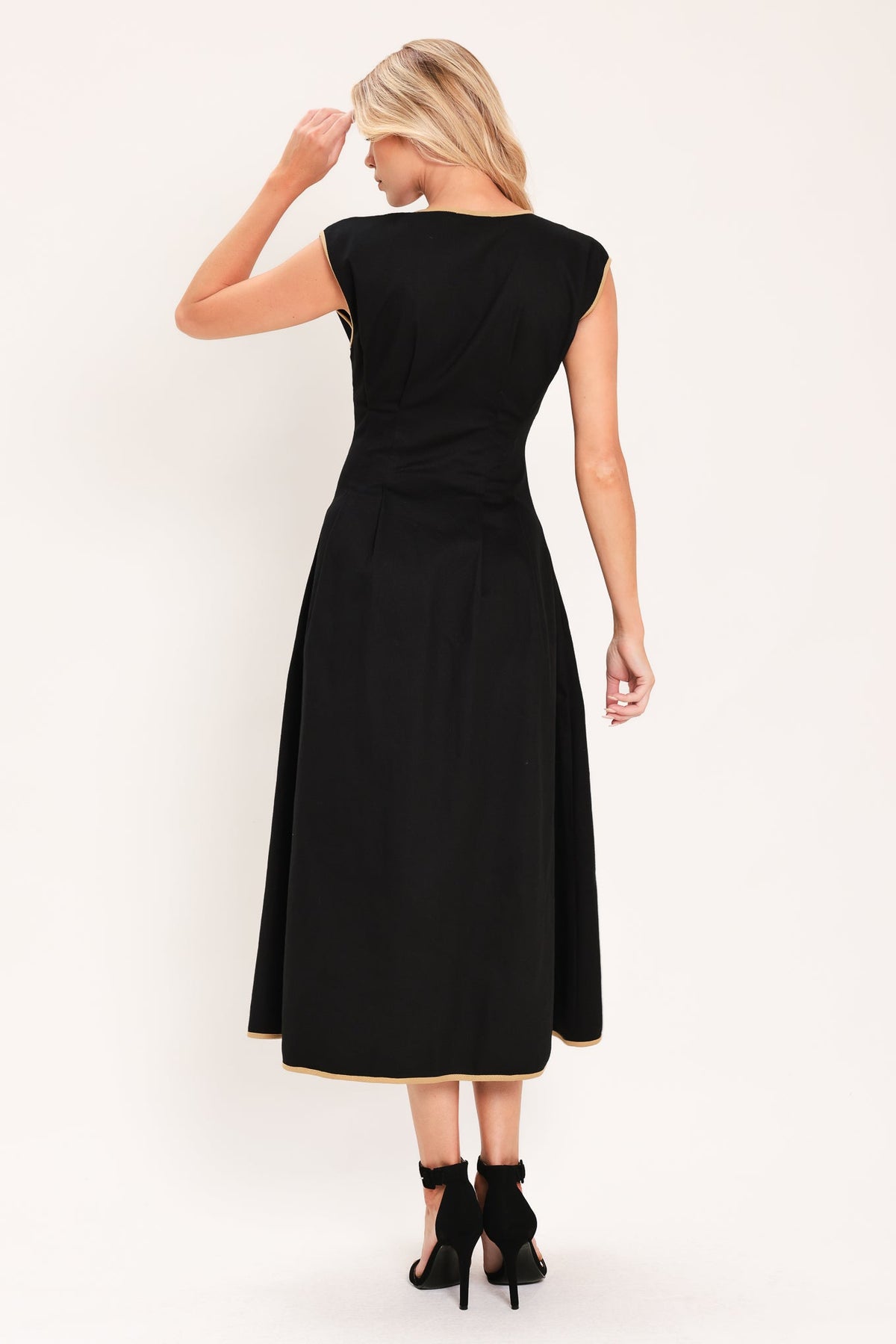 Flying Tomato Nightfall Gold Accent Woven Midi Dress in black taupe, featuring elegant gold accents and a comfortable woven design.