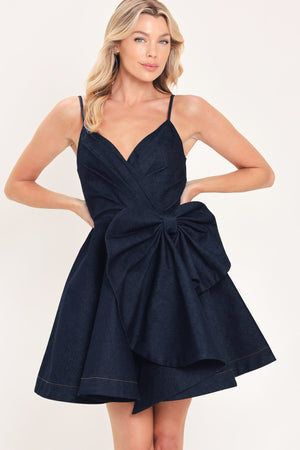 Deep blue Flying Tomato denim mini dress with a fitted silhouette and classic style, shown on a model.