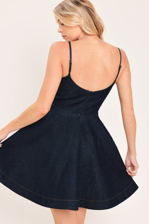 Dark indigo Deep Blue Celebration denim mini dress by Flying Tomato featuring a fitted silhouette and stylish design.