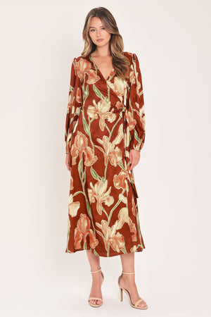 Rust-colored faux wrap midi dress from Flying Tomato's Falling For You collection, featuring a stylish and flattering silhouette.
