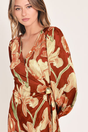 Rust-colored Falling For You faux wrap midi dress by Flying Tomato, featuring a flattering wrap style and midi length.