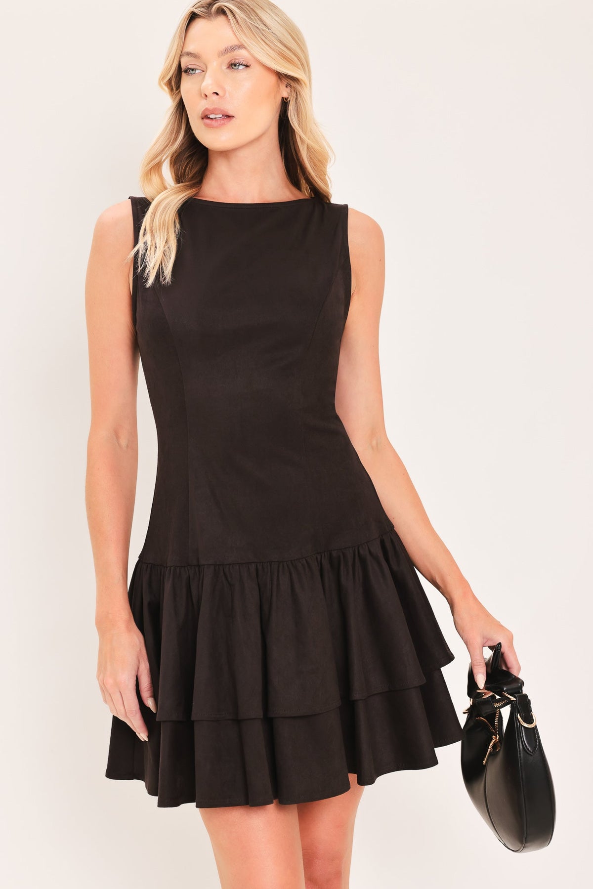 Flying Tomato Shadow Dropwaist Faux Suede Mini Dress in chocolate, featuring a stylish dropwaist design and soft faux suede fabric.