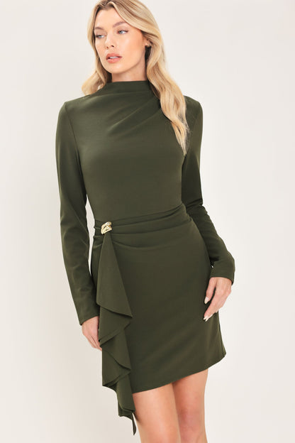 OLIVE ATTITUDE DARK OLIVE FUNNEL-NECK RUFFLE MINI DRESS