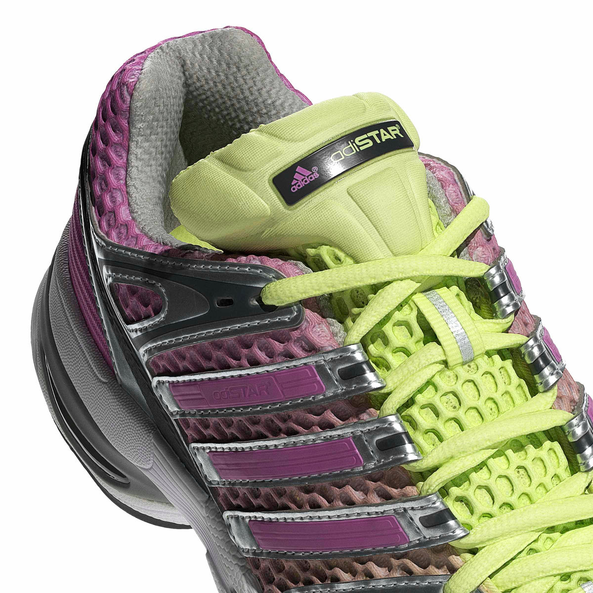 Adidas Womens Adistar Control 5 lilac athletic footwear with detailed white and purple design, showcasing sporty women's shoes.