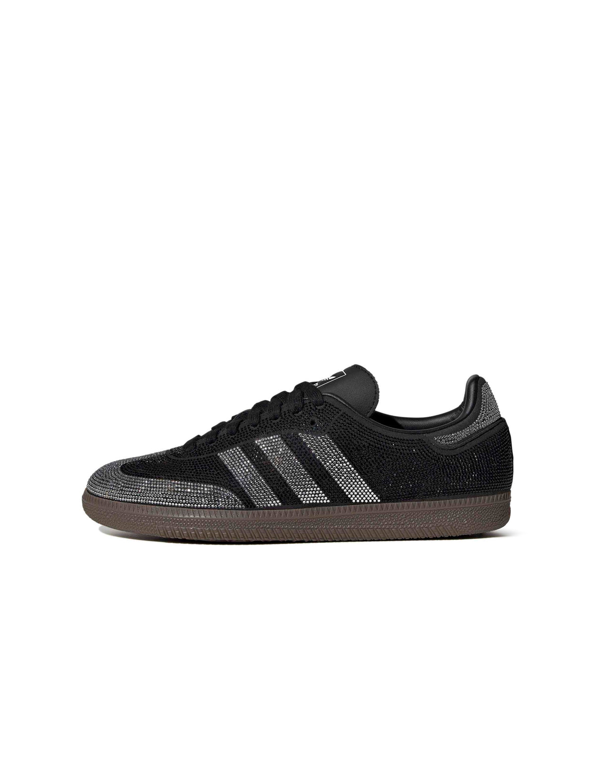 Women's Adidas Rhinestone Samba OG sneakers in black and silver with side view detailing