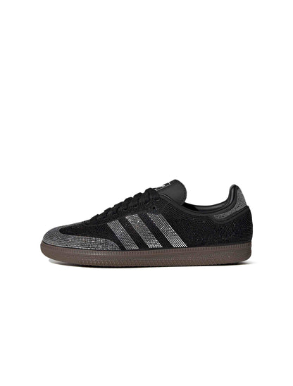 Women's Adidas Rhinestone Samba OG sneakers in black and silver with side view detailing
