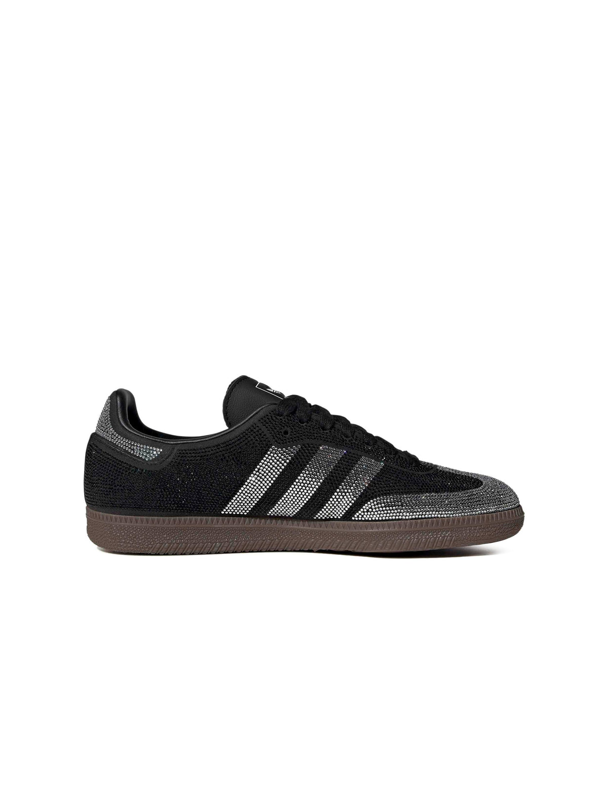Women's Adidas Rhinestone Samba OG shoes in black and silver, side medial view
