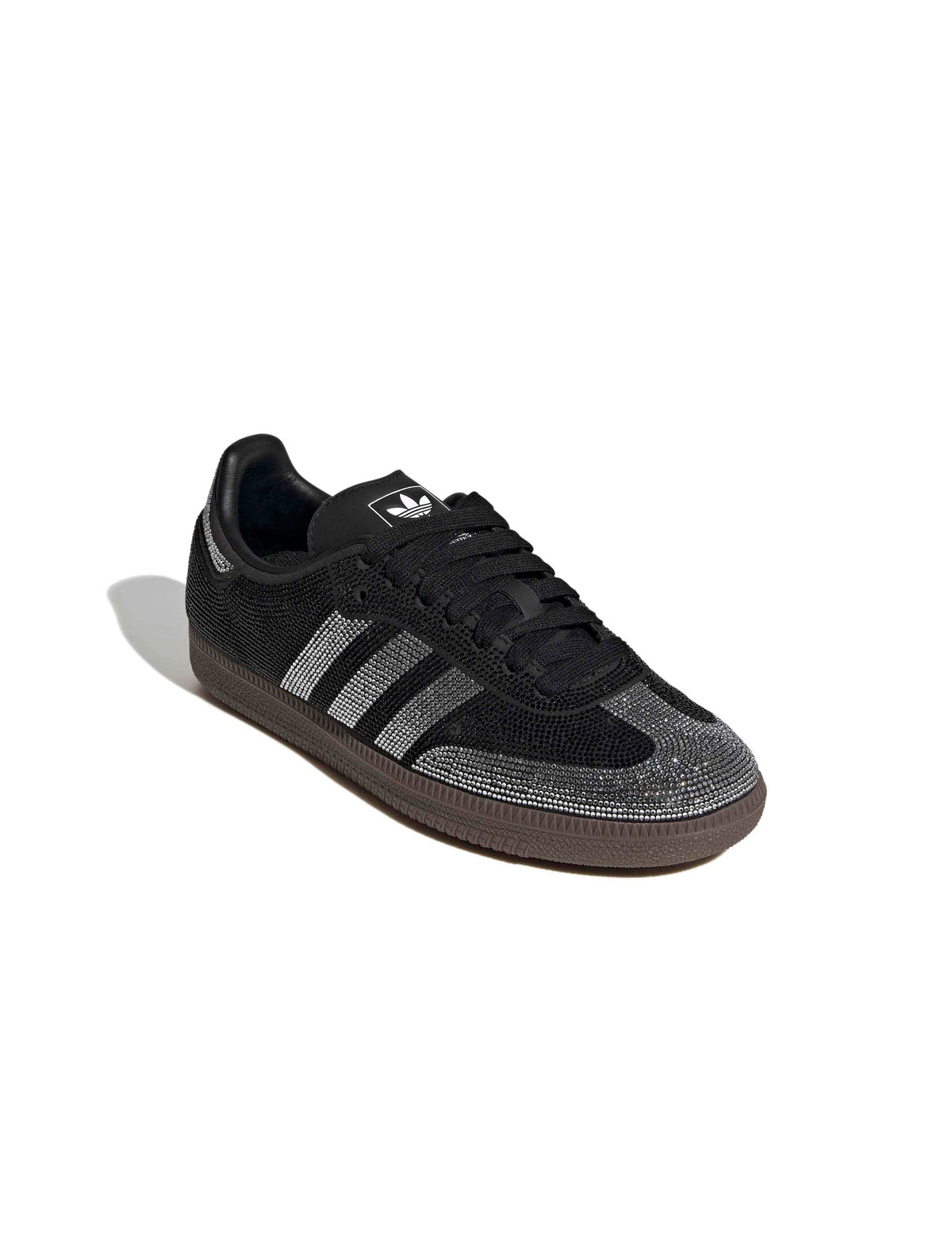Women’s black and silver rhinestone Samba OG sneakers by Adidas, front lateral top view