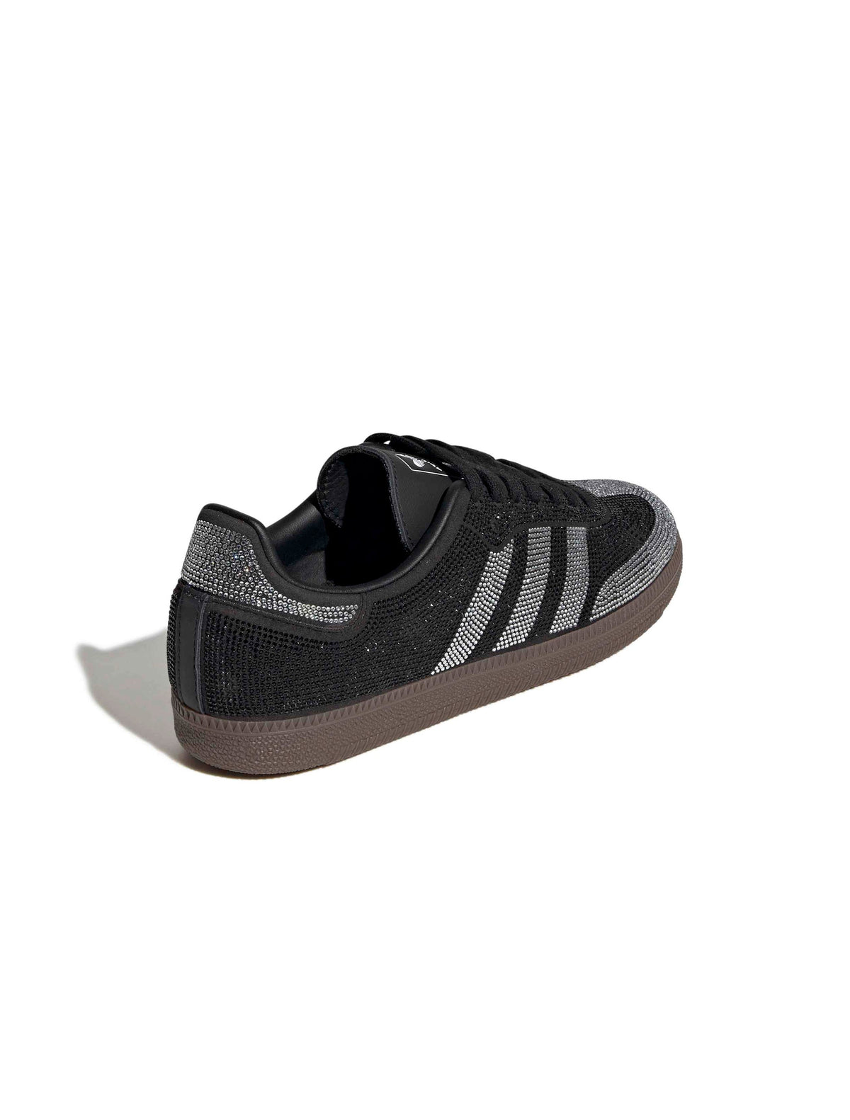 Women's Adidas Rhinestone Samba OG shoes in black and silver, back lateral top view