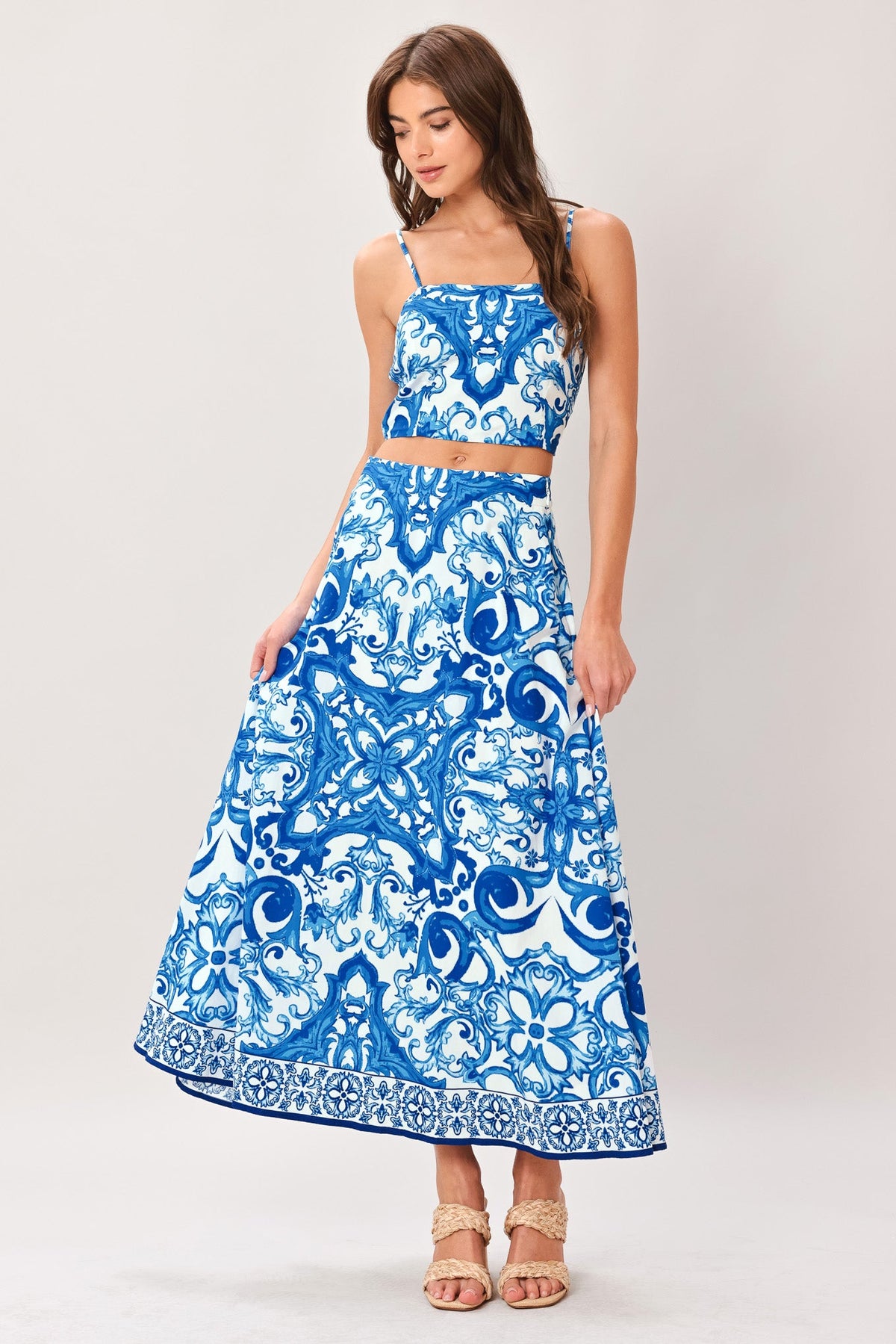 Flying Tomato Coastal Mosaic woven midi circle skirt in blue and white with a vibrant mosaic pattern and flowing silhouette.
