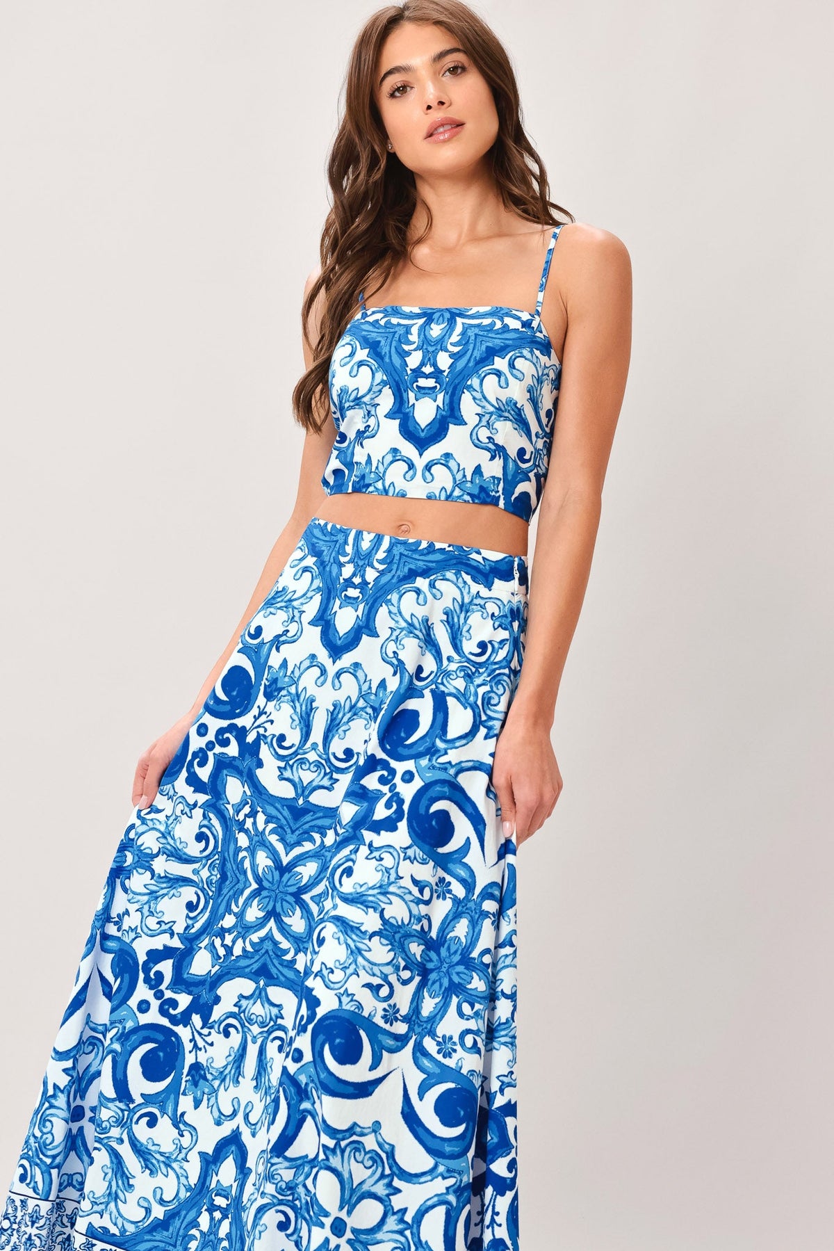 Flying Tomato coastal mosaic woven midi circle skirt in blue and white with a flowing, patterned design.