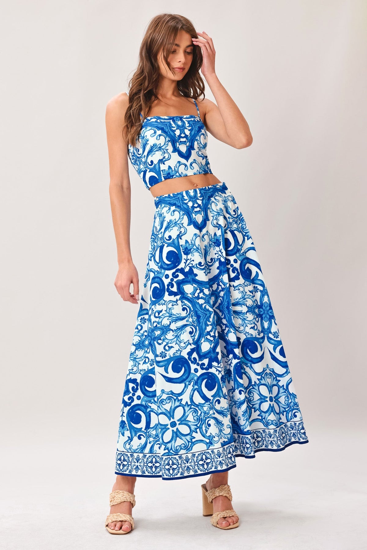 Flying Tomato Coastal Mosaic Woven Midi Circle Skirt in blue and white with a floral mosaic pattern, flowing and lightweight.