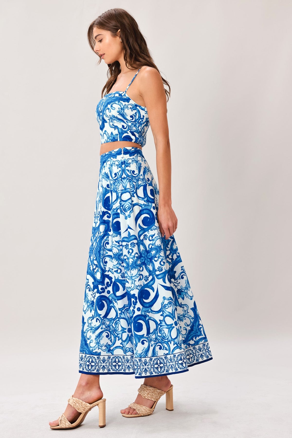 Flying Tomato Coastal Mosaic woven midi circle skirt in blue and white with a colorful mosaic pattern and flowing design.