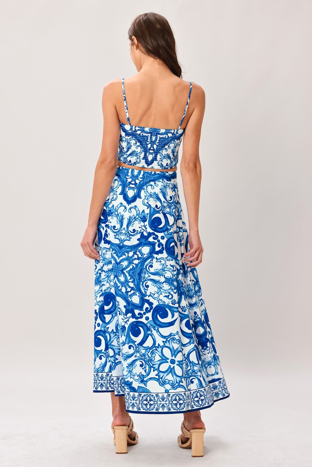 Flying Tomato Coastal Mosaic woven midi circle skirt in blue and white with a colorful mosaic pattern and flowy silhouette.