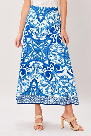 Flying Tomato coastal mosaic woven midi circle skirt in blue and white with a flowing, circular design and intricate woven pattern.