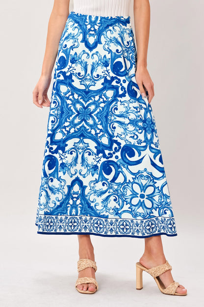 Flying Tomato coastal mosaic woven midi circle skirt in blue and white with a flowing, circular design and intricate woven pattern.