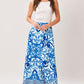 Flying Tomato Coastal Mosaic Woven Midi Circle Skirt in blue and white with a colorful mosaic pattern and flowing fabric.