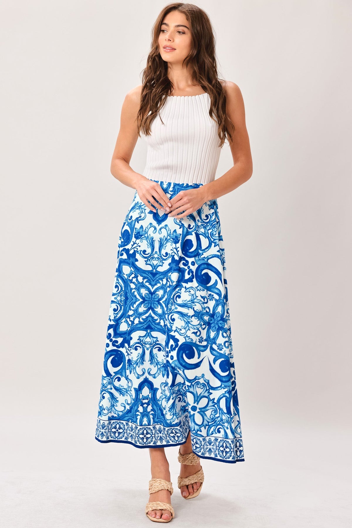 Flying Tomato Coastal Mosaic Woven Midi Circle Skirt in blue and white with a colorful mosaic pattern and flowing fabric.