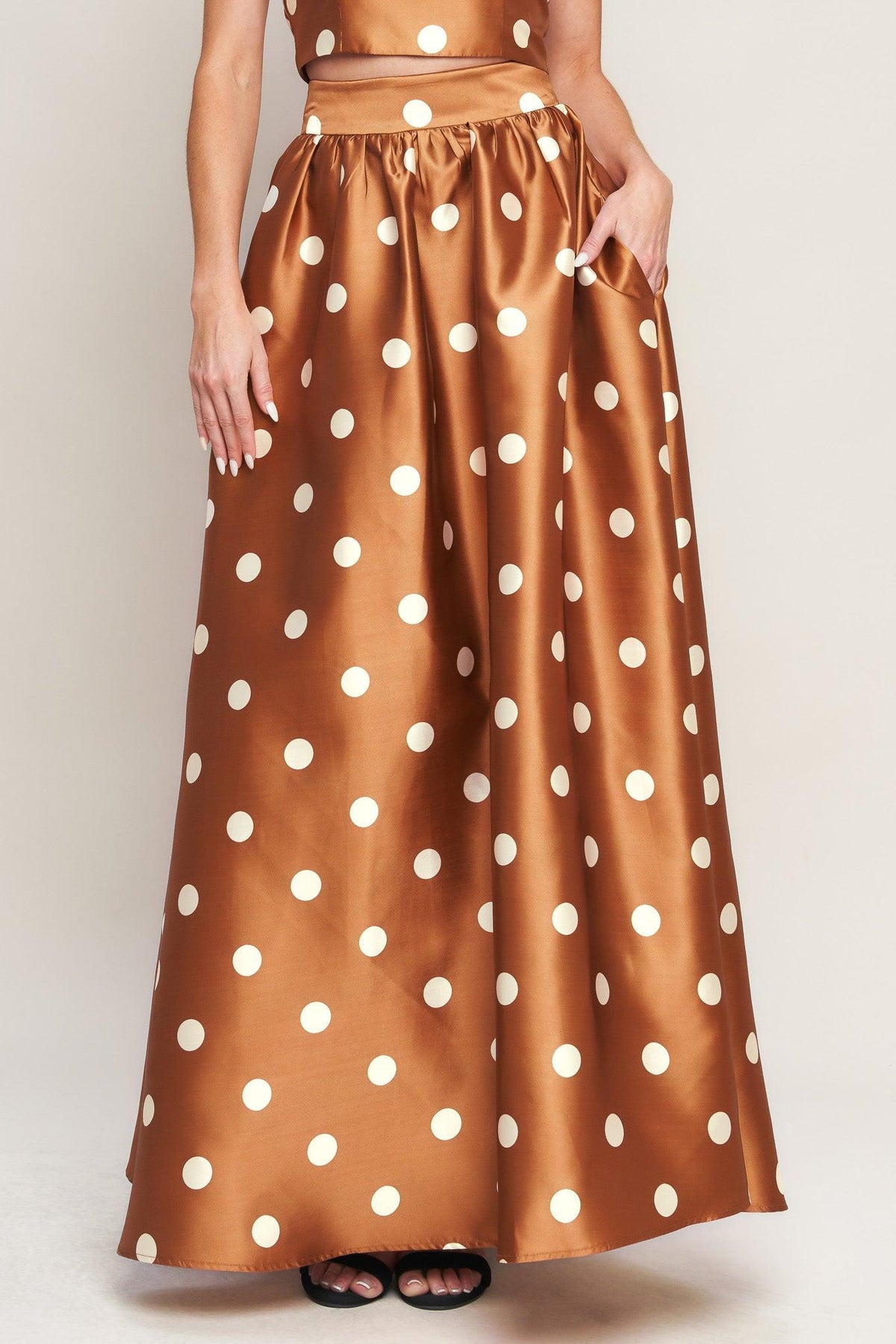 Flying Tomato chic polka flow woven full maxi skirt in caramel color, featuring a flowing, lightweight design.