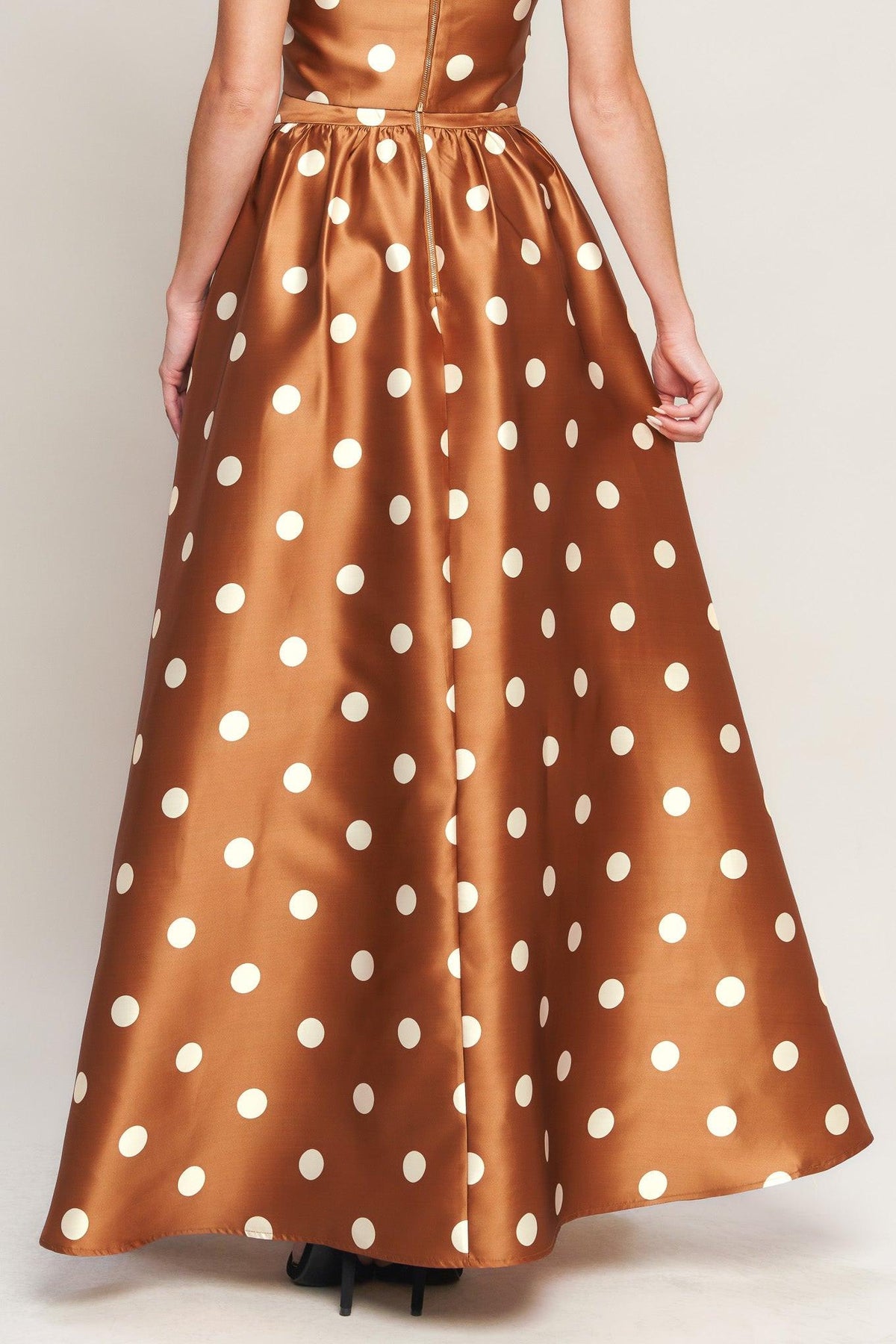 Flying Tomato chic polka flow woven full maxi skirt in caramel color, flowy and stylish for casual or dressy wear