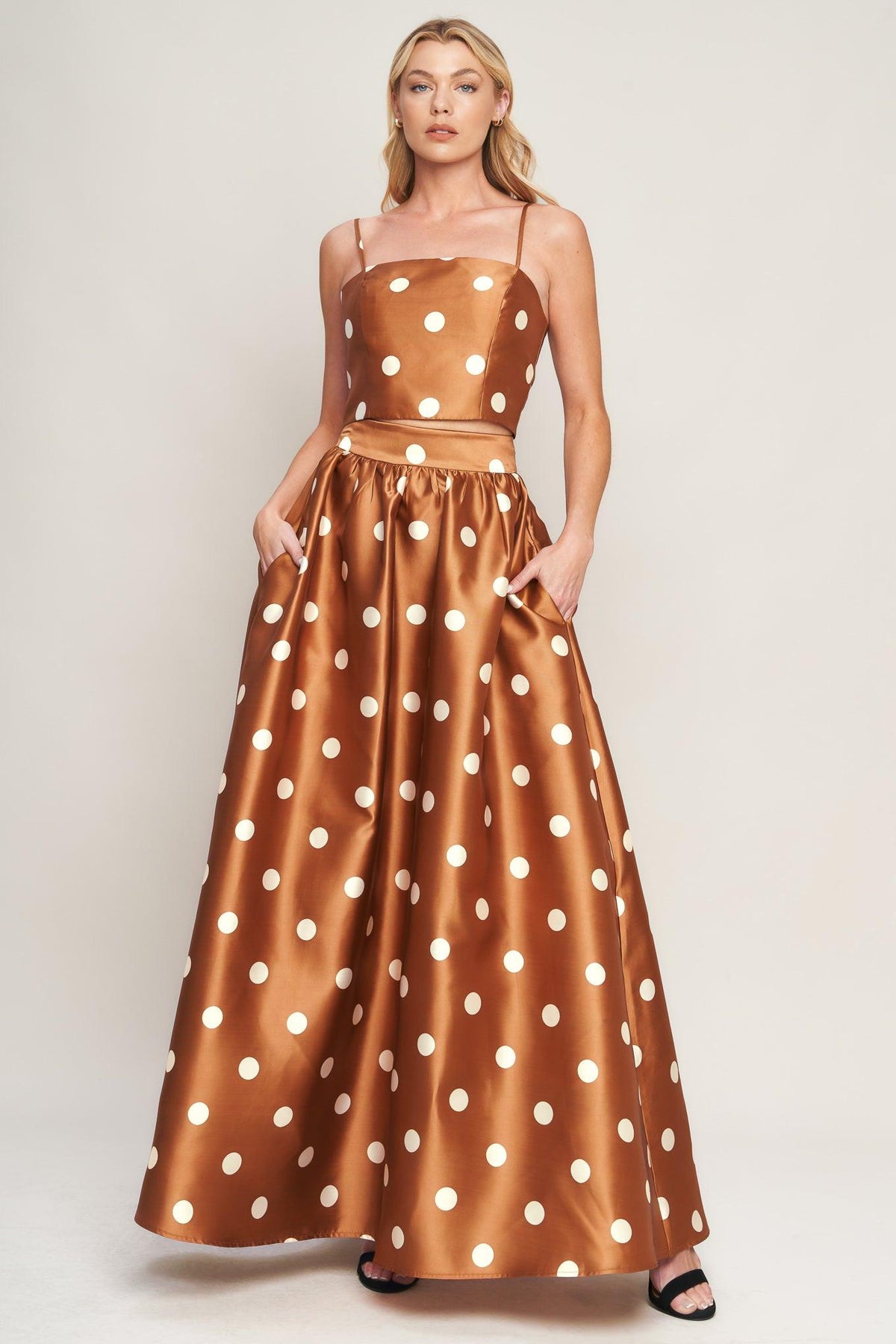 Flying Tomato polka flow woven full maxi skirt in caramel with a lightweight, flowing design and gathered waist.