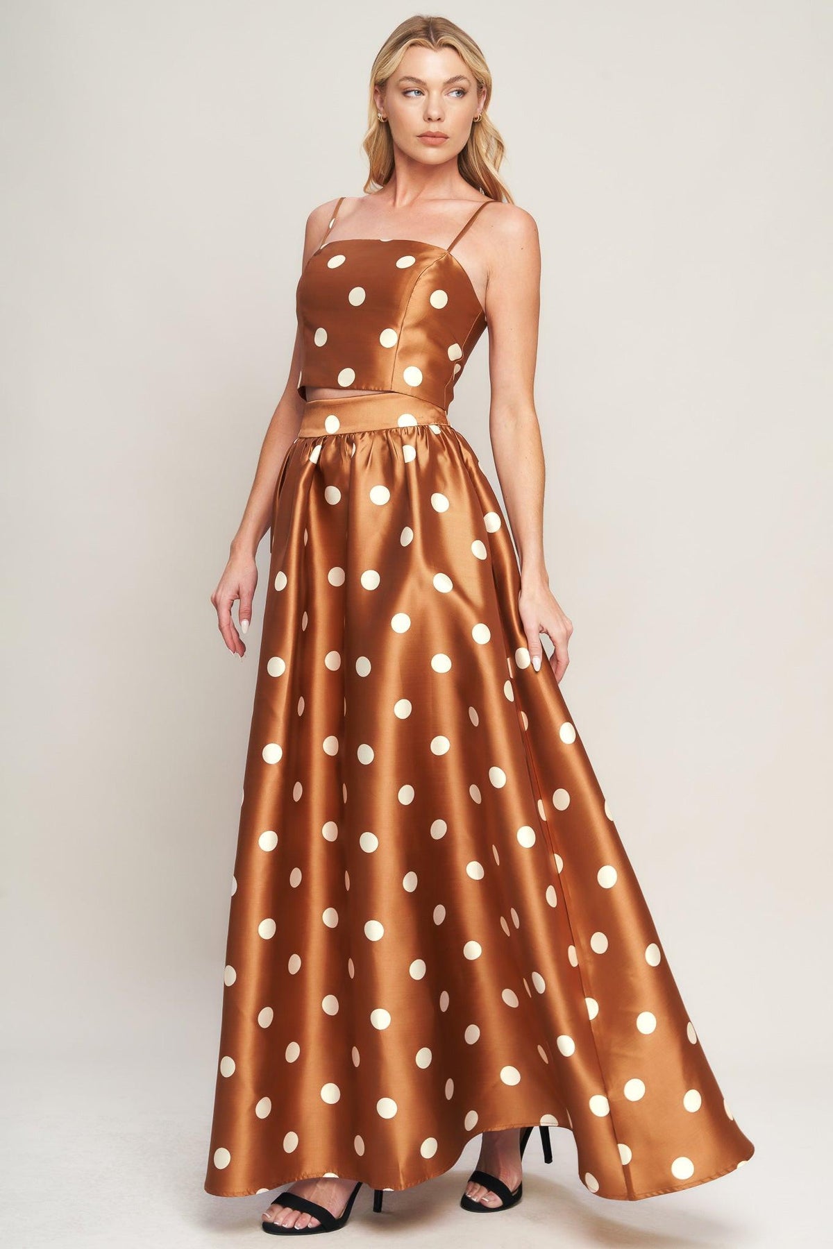Caramel polka dot woven maxi skirt from Flying Tomato featuring a flowy, full-length design with a stylish pattern.