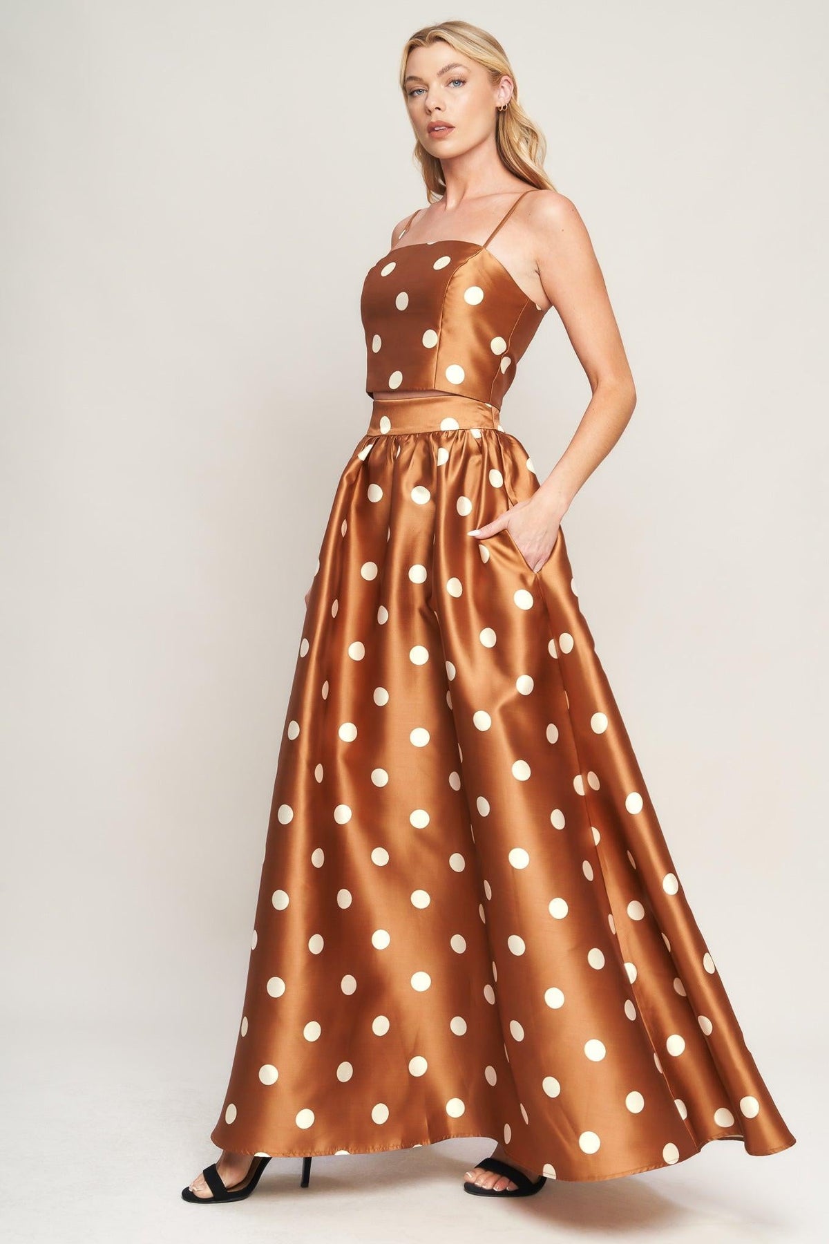 Flying Tomato chic polka flow woven full maxi skirt in caramel color, featuring a lightweight, flowing fabric design.