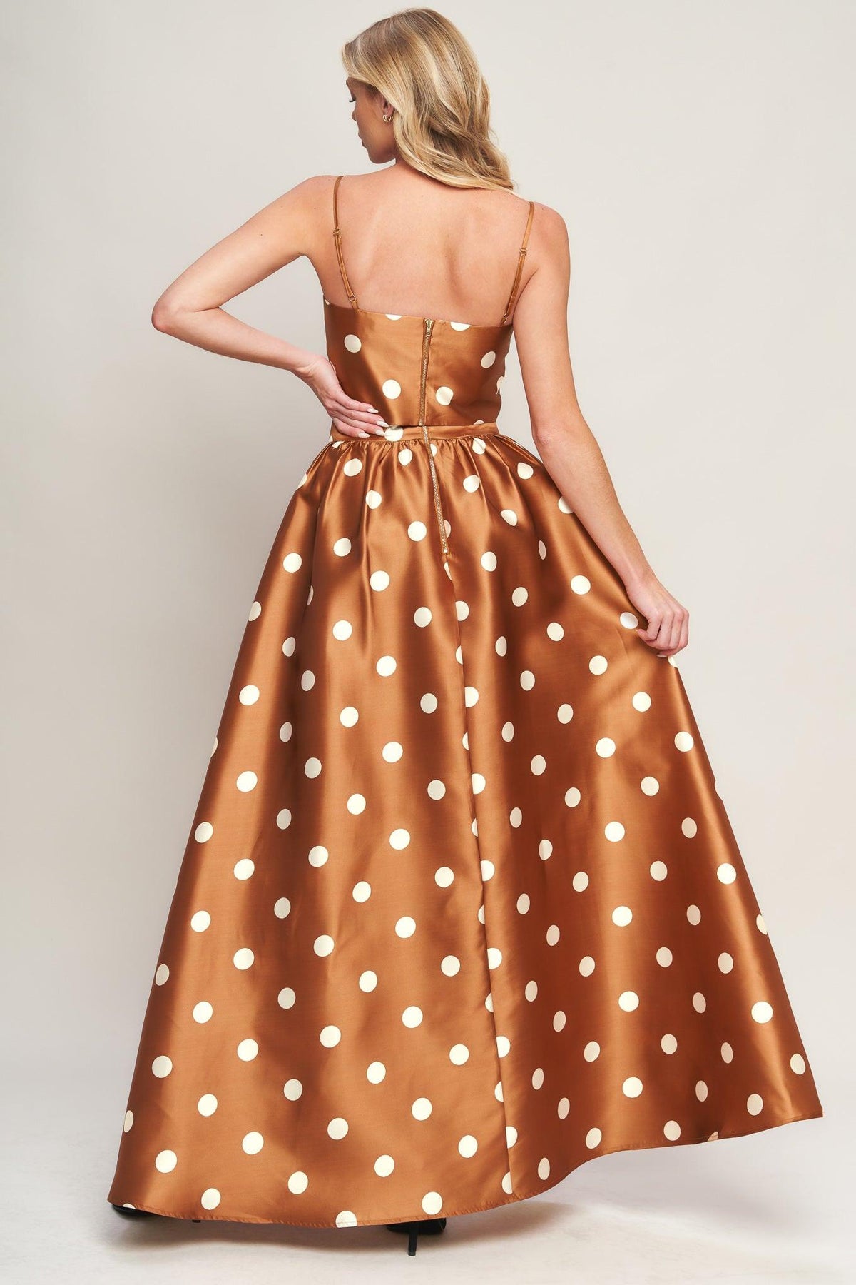 Flying Tomato chic polka flow woven full maxi skirt in caramel with a flowing, patterned design.