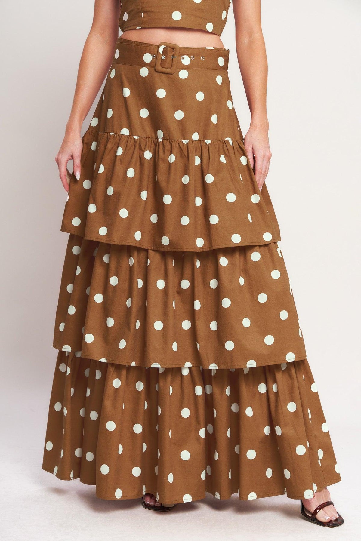 Brown Sugar Dot Woven Skirt by Flying Tomato, featuring a stylish brown fabric with white dot patterns, casual and trendy design.