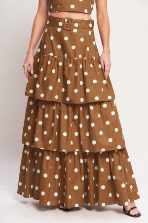 Brown Sugar Dot Woven Skirt by Flying Tomato, featuring a stylish brown fabric with white dot patterns, casual and trendy design.