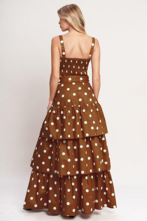 Flying Tomato brown sugar dot woven skirt with a flowy design and elastic waistband, featuring a dotted pattern and lightweight fabric.