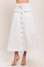 Flying Tomato EASY WEAR Western woven midi skirt in white denim, featuring a stylish, knee-length design with western-inspired details.