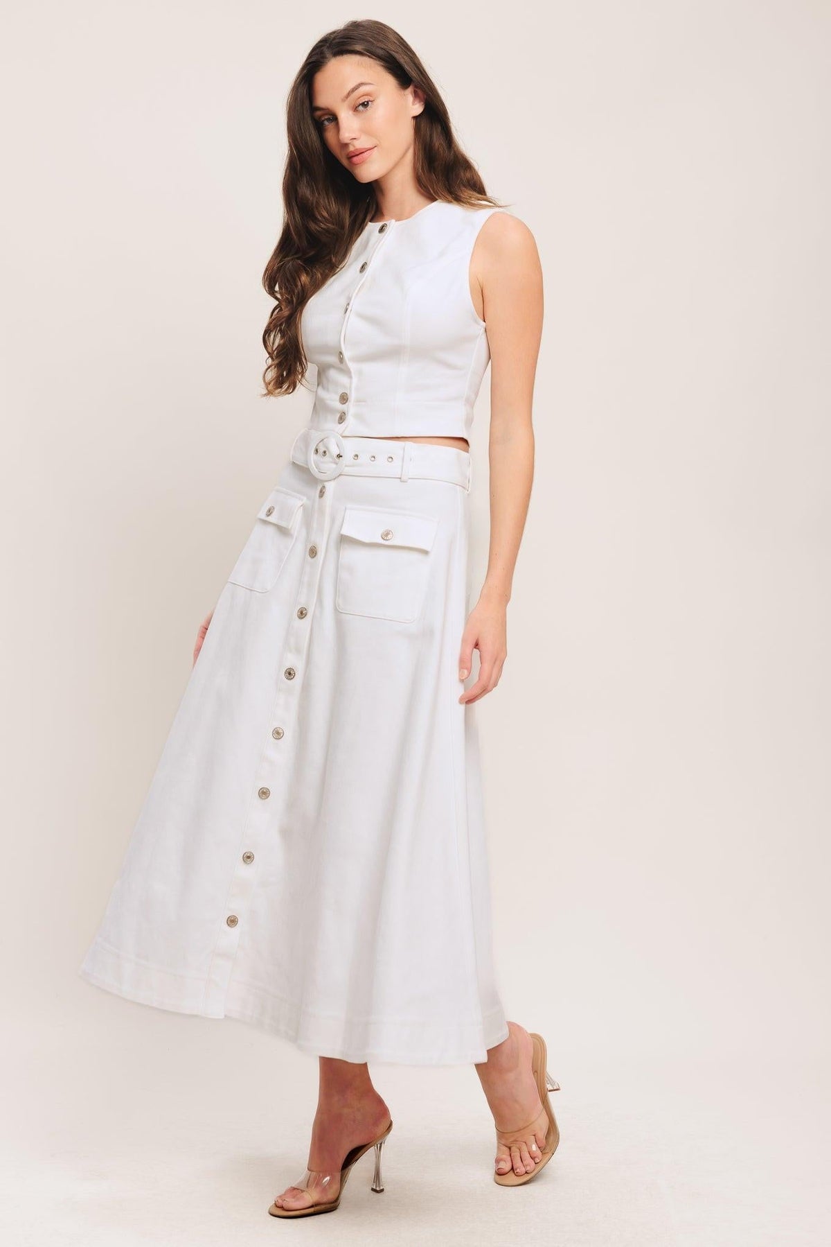 White denim Western woven midi skirt by Flying Tomato featuring a classic design and a comfortable fit.