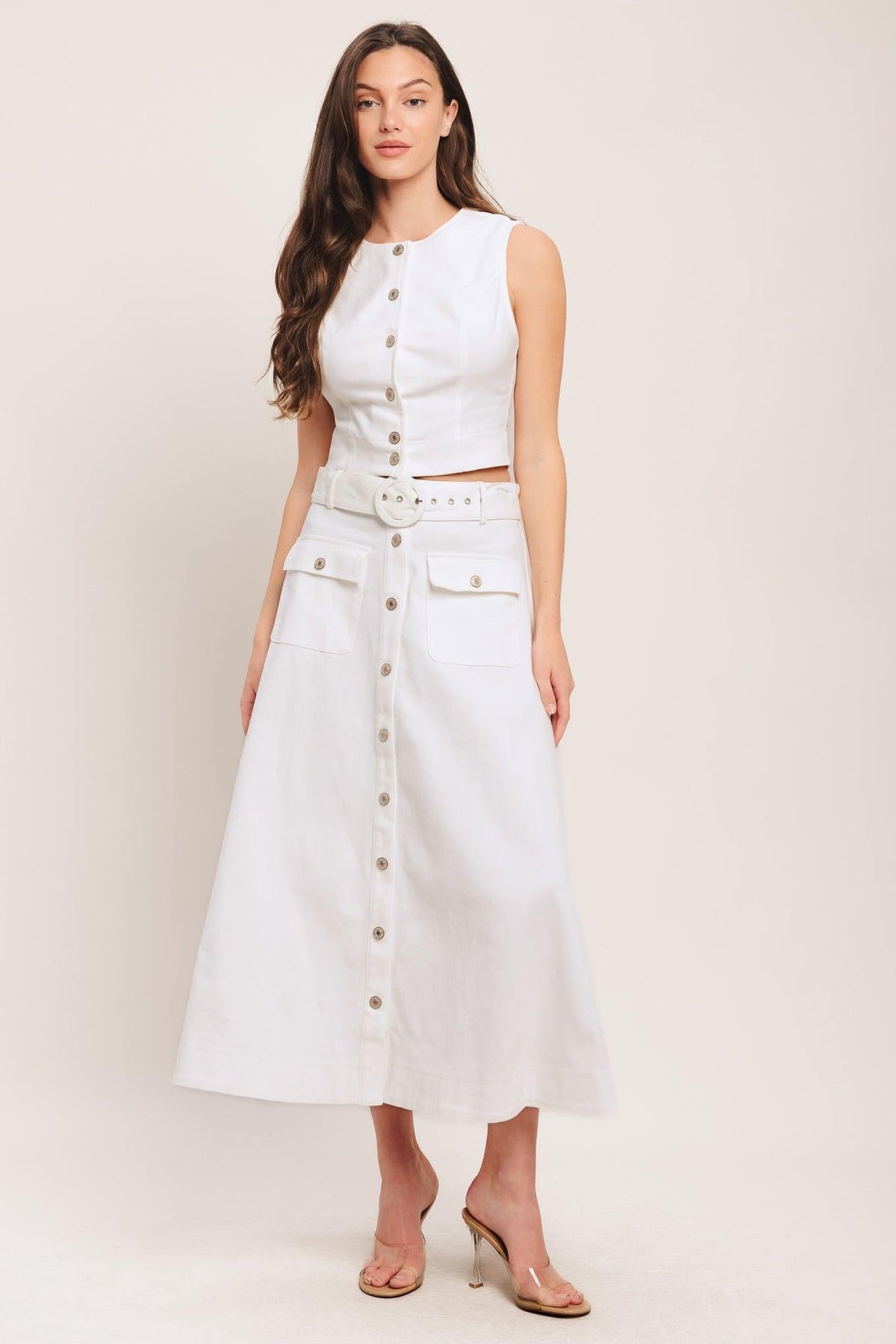 Flying Tomato EASY WEAR Western Woven MIDI Skirt in white denim, featuring a stylish midi length and Western-inspired design.