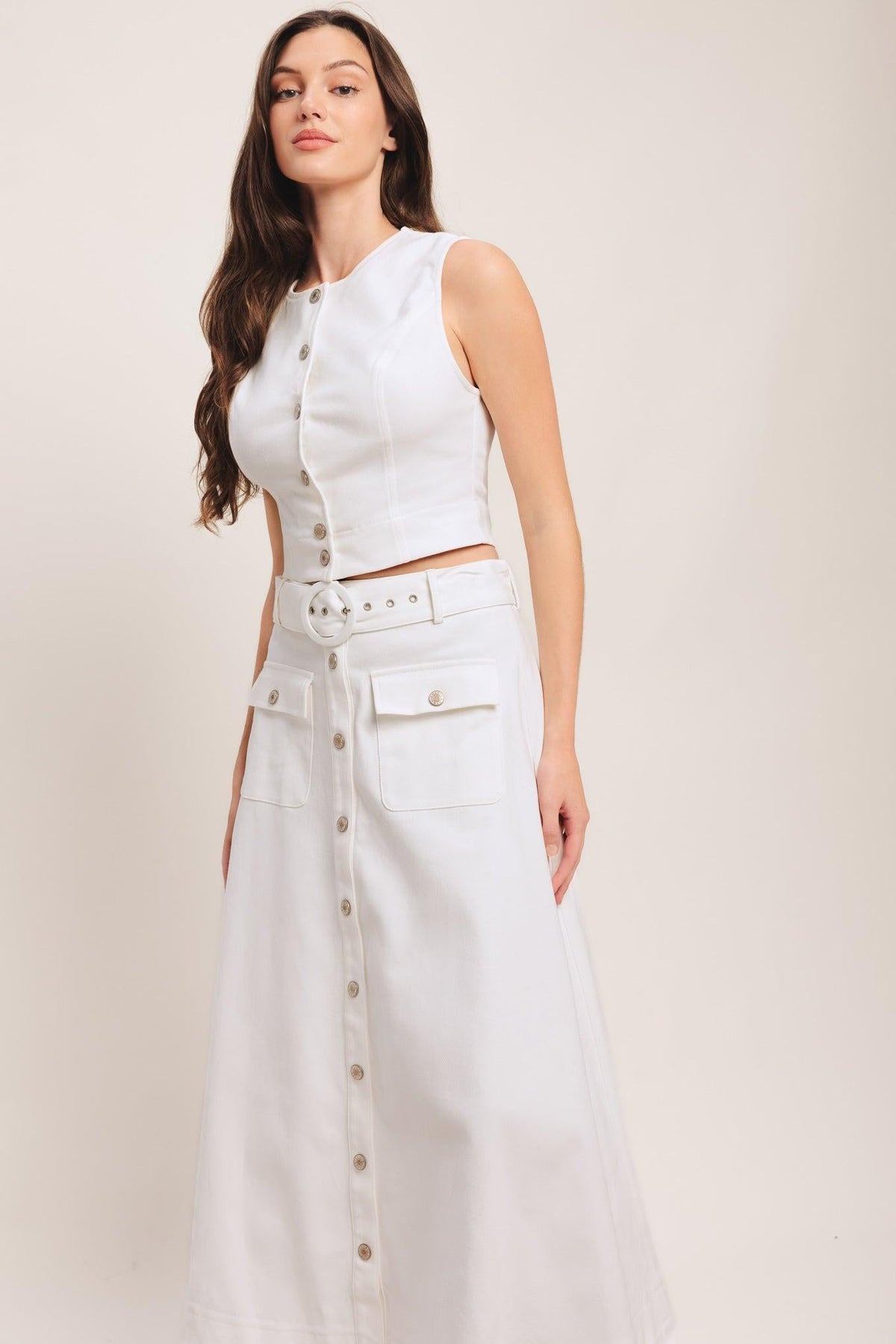 Flying Tomato EASY WEAR Western Woven Midi Skirt in white denim, featuring a stylish woven design and midi length.