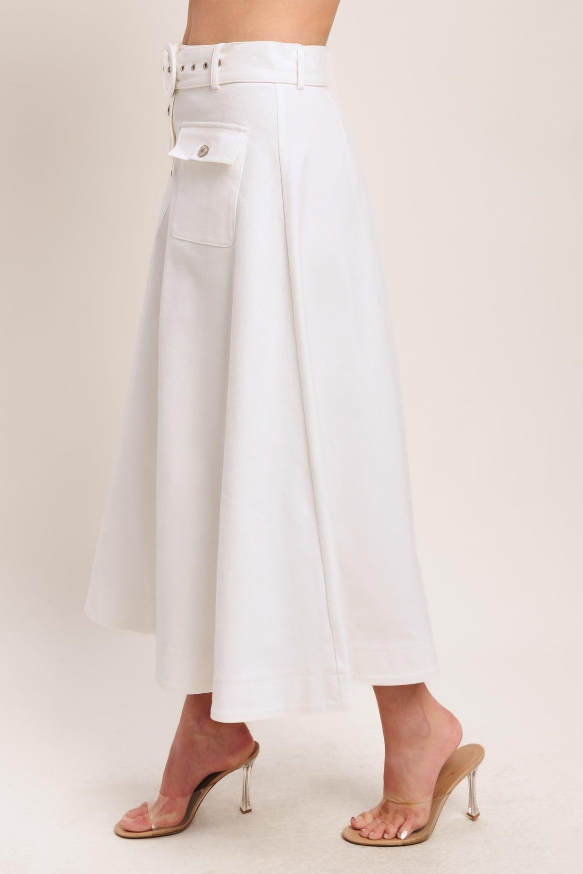 White denim Western woven midi skirt by Flying Tomato featuring a classic design and mid-length fit.