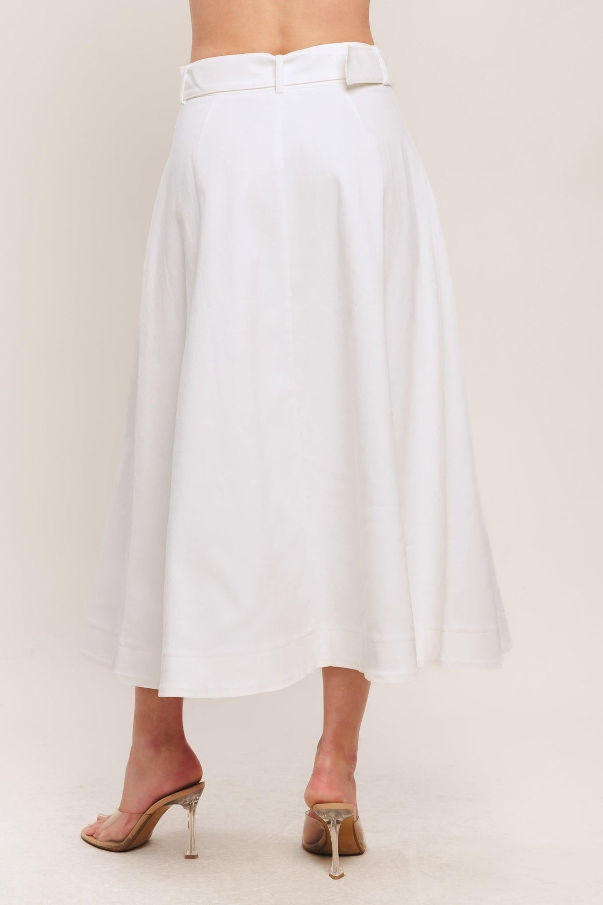 Flying Tomato Easy Wear Western Woven Midi Skirt in white denim, showing a flowing midi length and woven texture.
