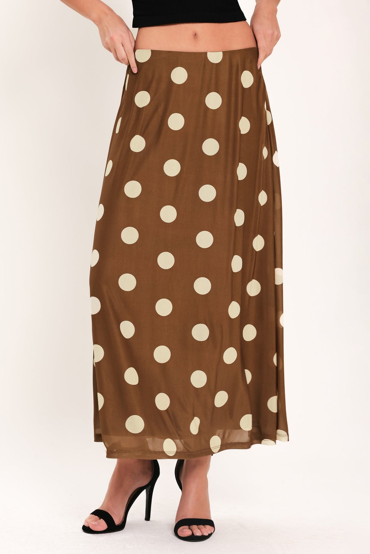 Flying Tomato French Girl polka dot power mesh midi skirt in brown, featuring a fitted waist and flowing silhouette.