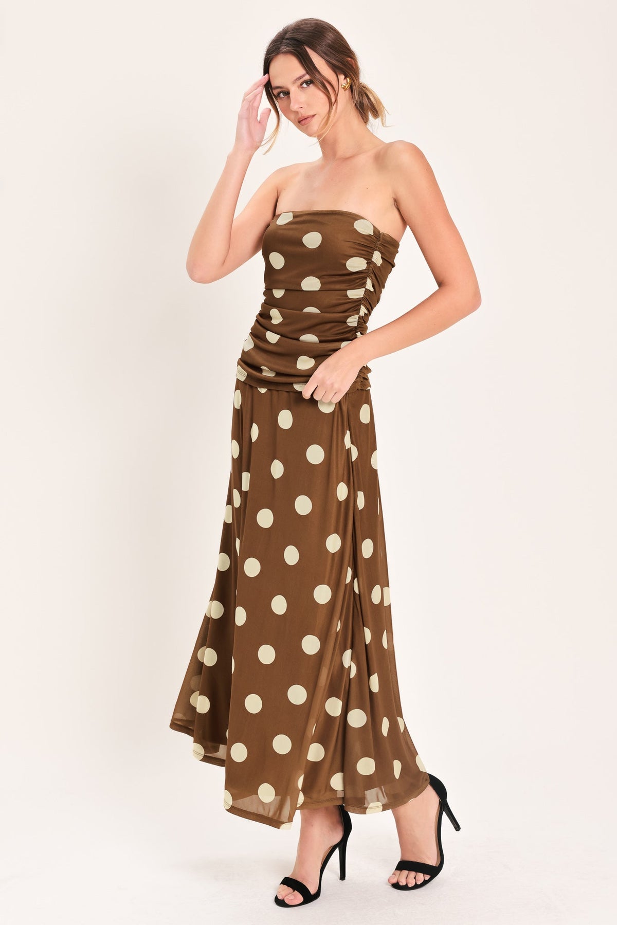 Flying Tomato French Girl polka dot power mesh midi skirt in brown, showcasing the lightweight, flowy fabric and stylish design.