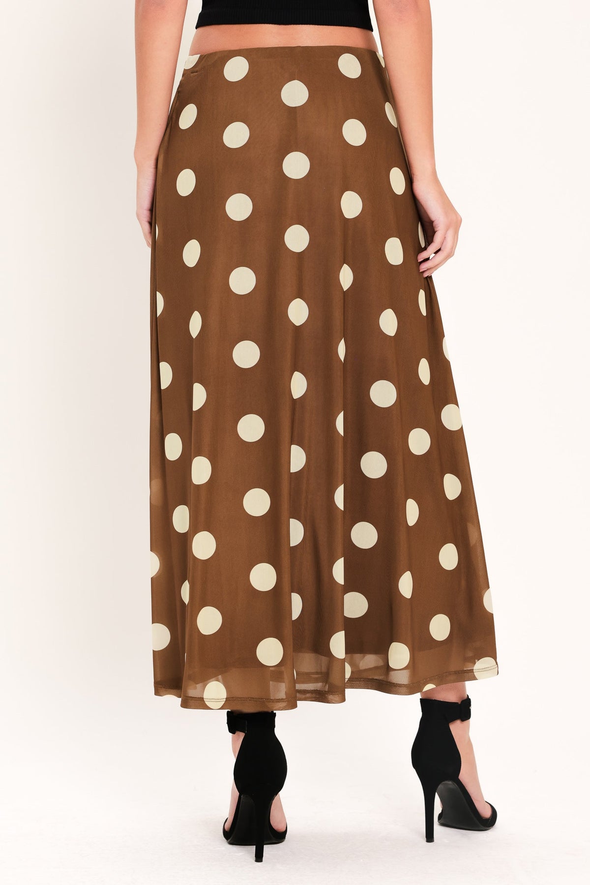 Flying Tomato French Girl polka dot power mesh midi skirt, brown with pleated design, stylish and lightweight for casual wear.