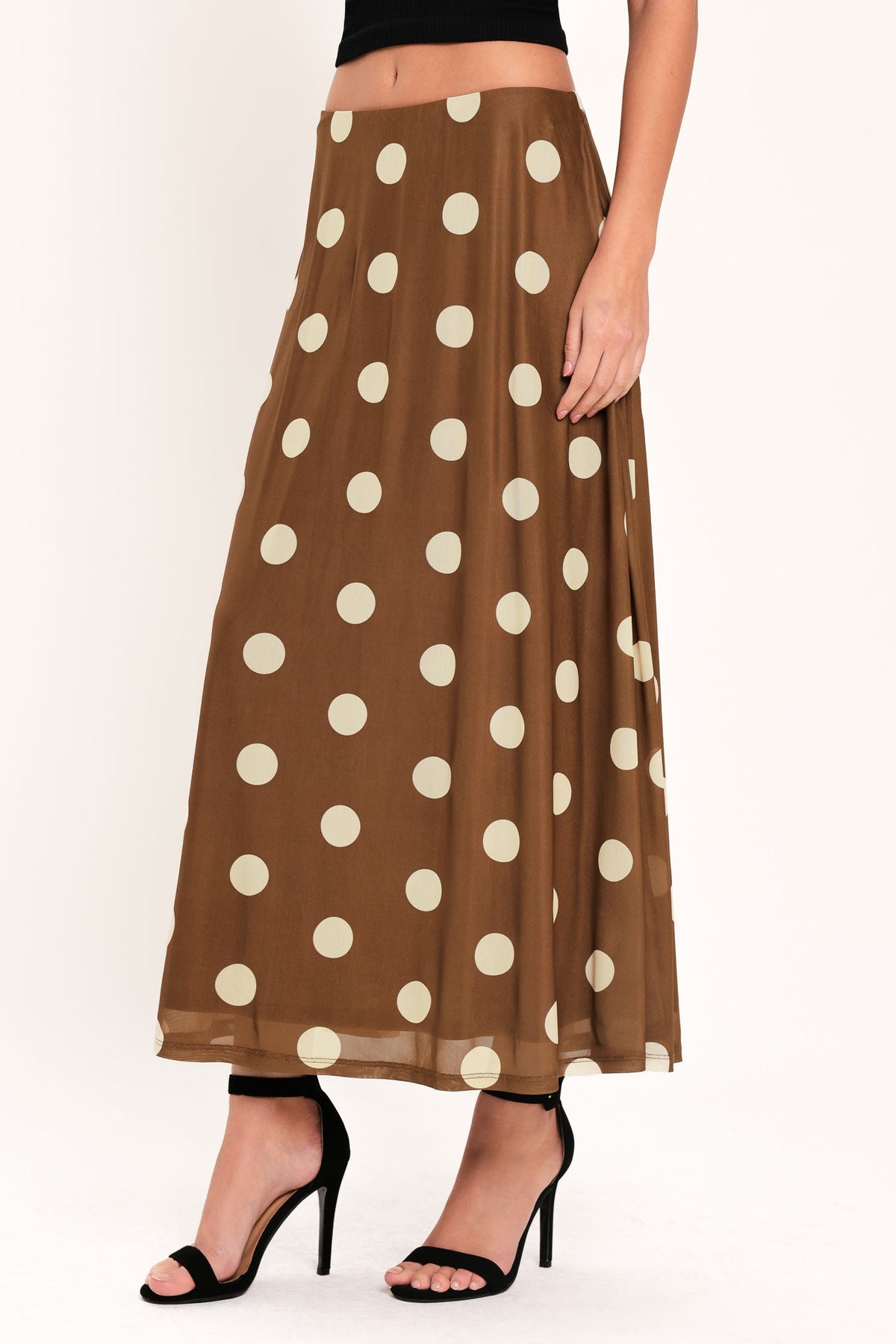 Flying Tomato French Girl polka dot power mesh midi skirt in brown, featuring a flowing design and stylish pattern.