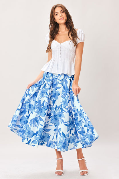 Flying Tomato SKY BLOSSOM woven full circle skirt in off-white and blue, featuring a flowing, lightweight design with floral pattern.