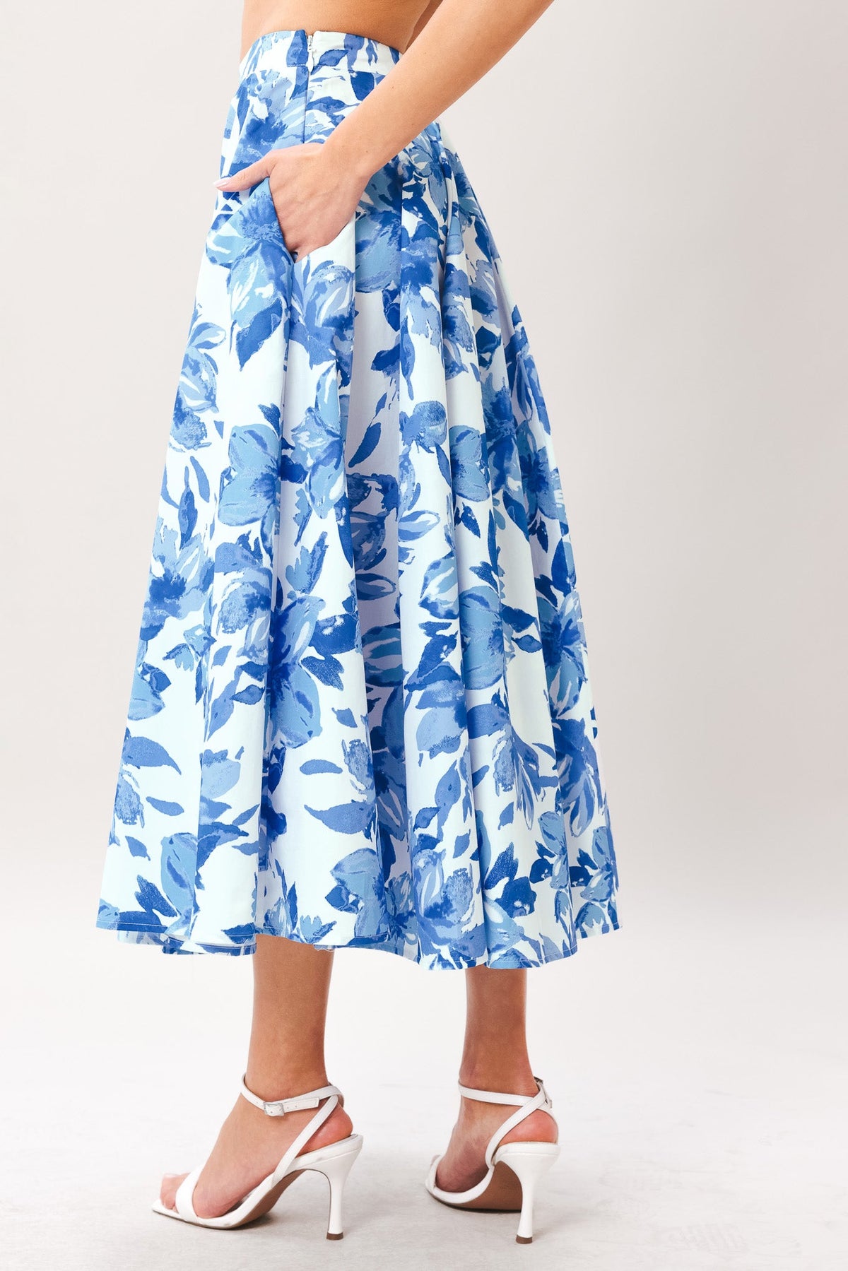 Flying Tomato SKY BLOSSOM woven full circle skirt in off-white and blue, featuring a flowing, bohemian style with intricate floral patterns.