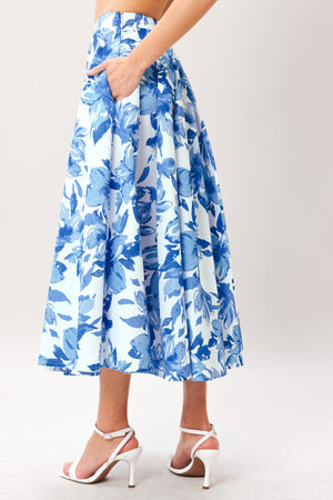 Flying Tomato SKY BLOSSOM woven full circle skirt in off-white and blue, featuring a flowing, bohemian style with intricate floral patterns.