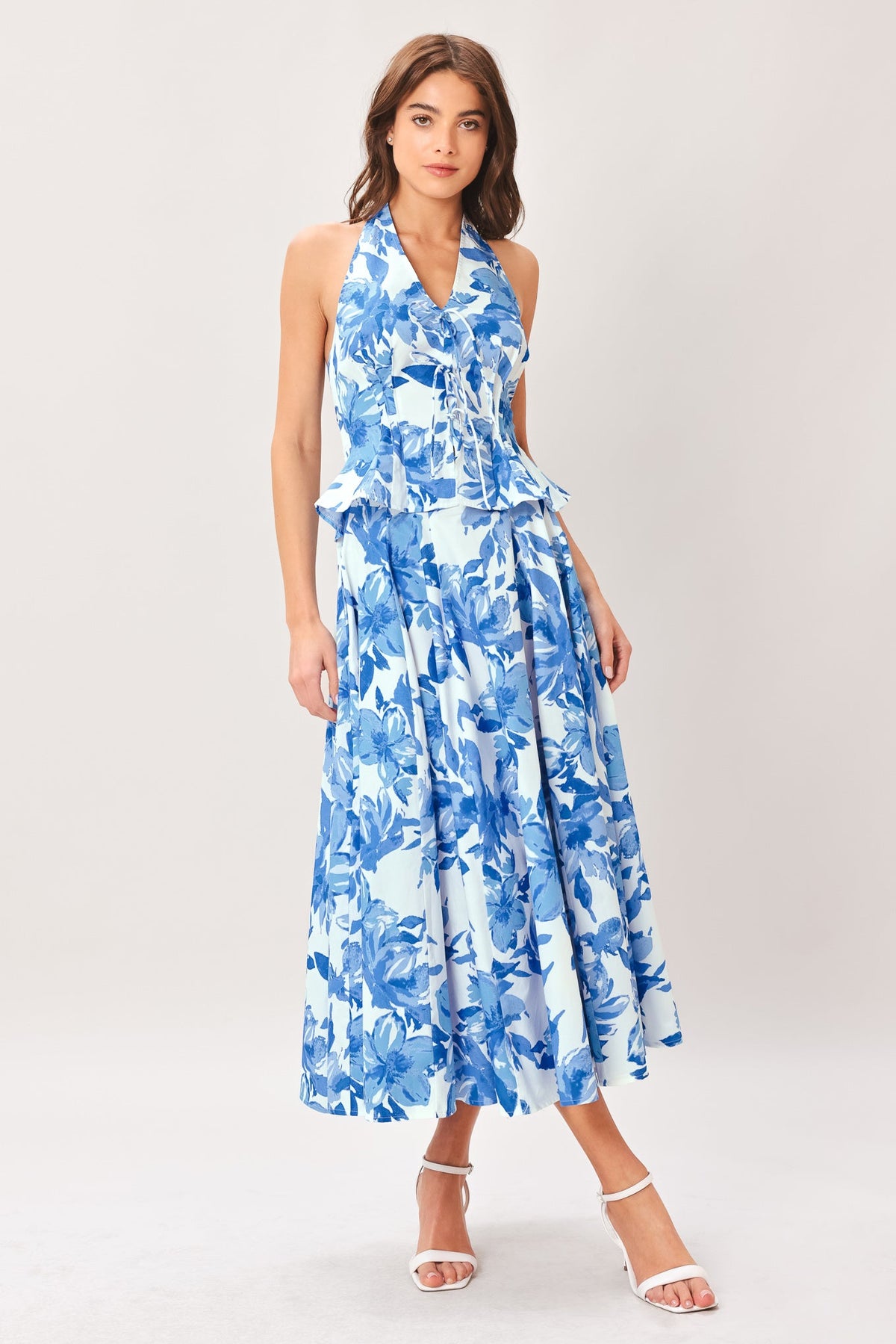 Flying Tomato SKY BLOSSOM woven full circle skirt in off-white and blue fabric, displayed on a hanger.