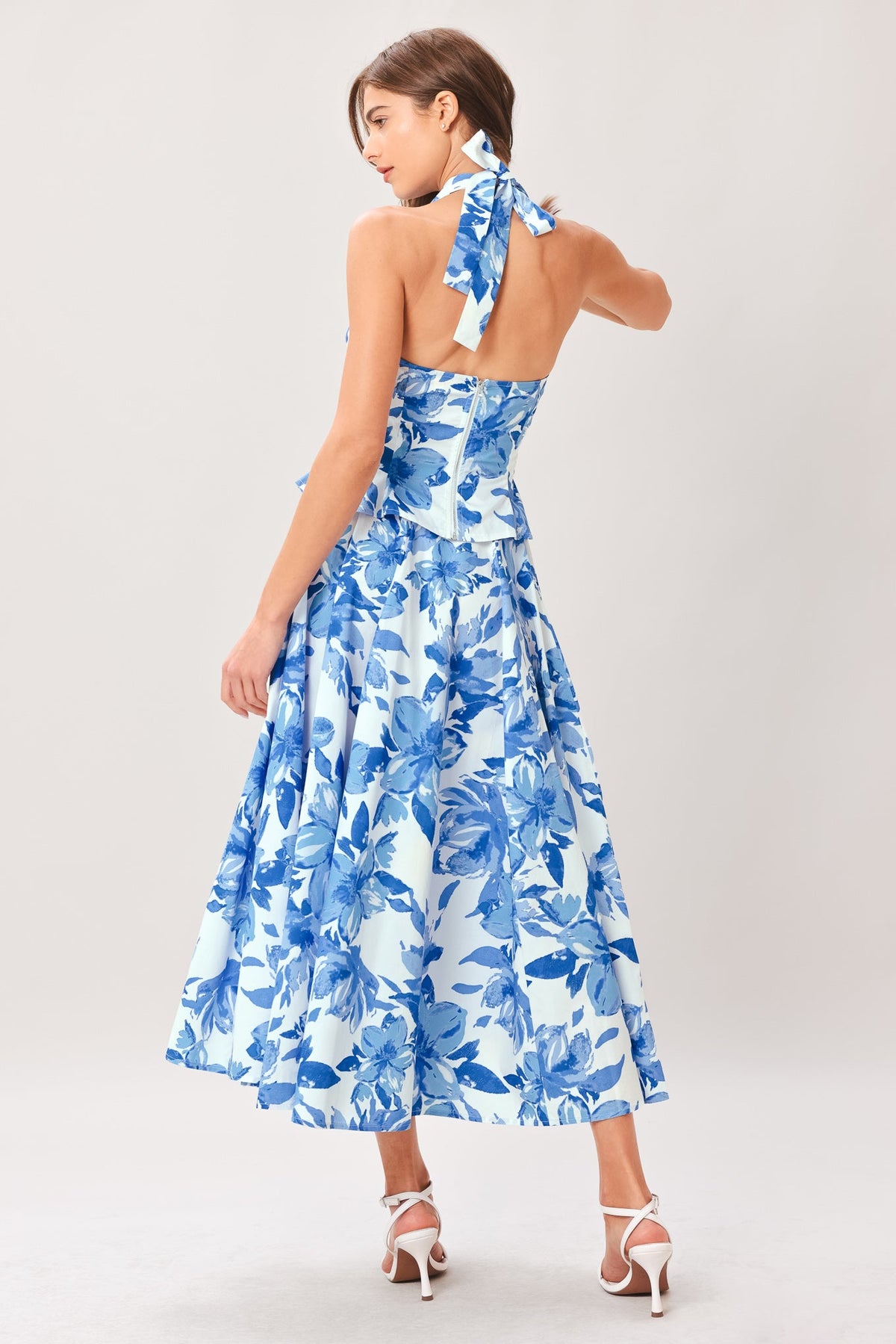 Flying Tomato SKY BLOSSOM woven full circle skirt in off-white and blue with floral pattern, displayed flat.
